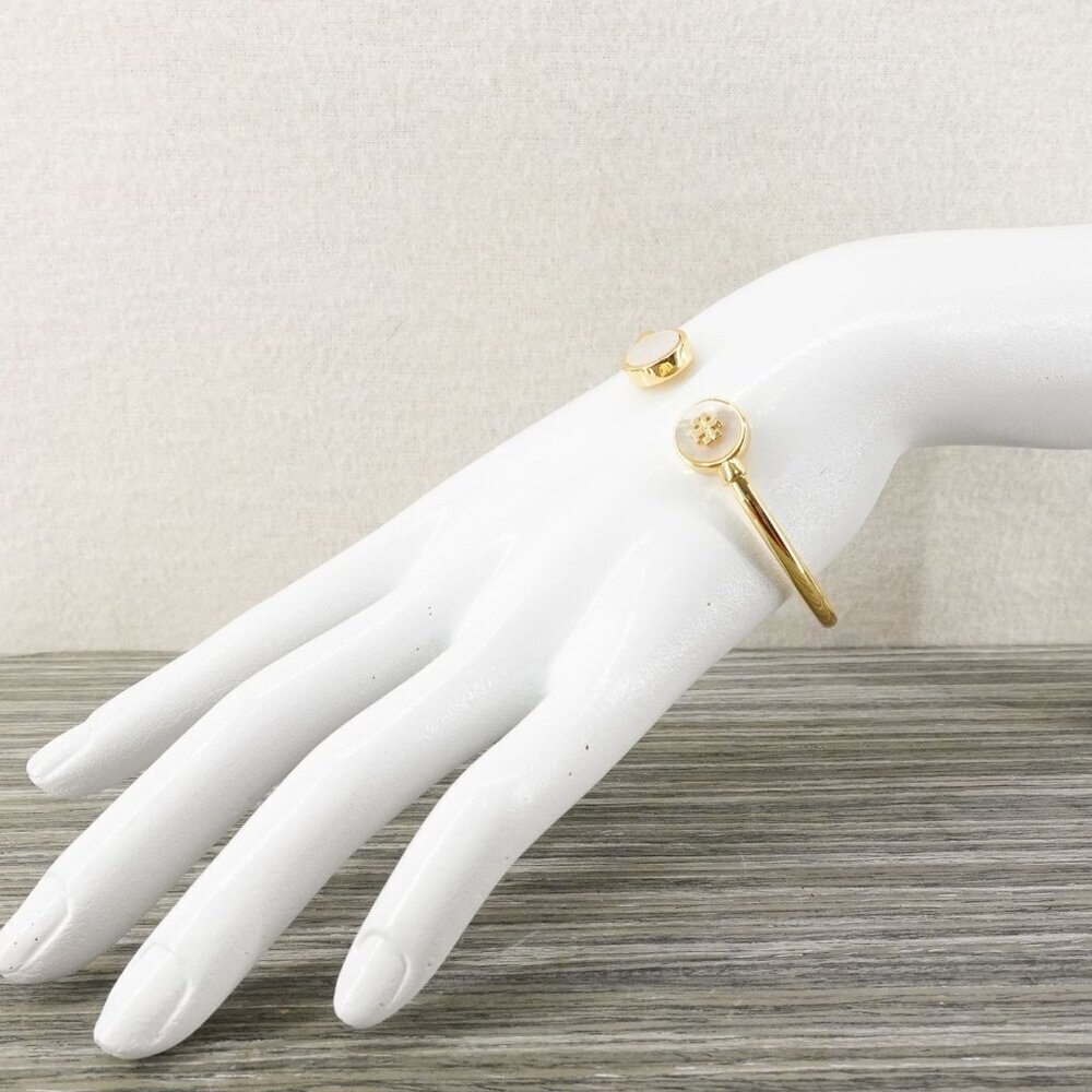 Tory Burch Kira Mother of Pearl Logo Cuff Bracelet Ivory OS - Picture 8 of 16